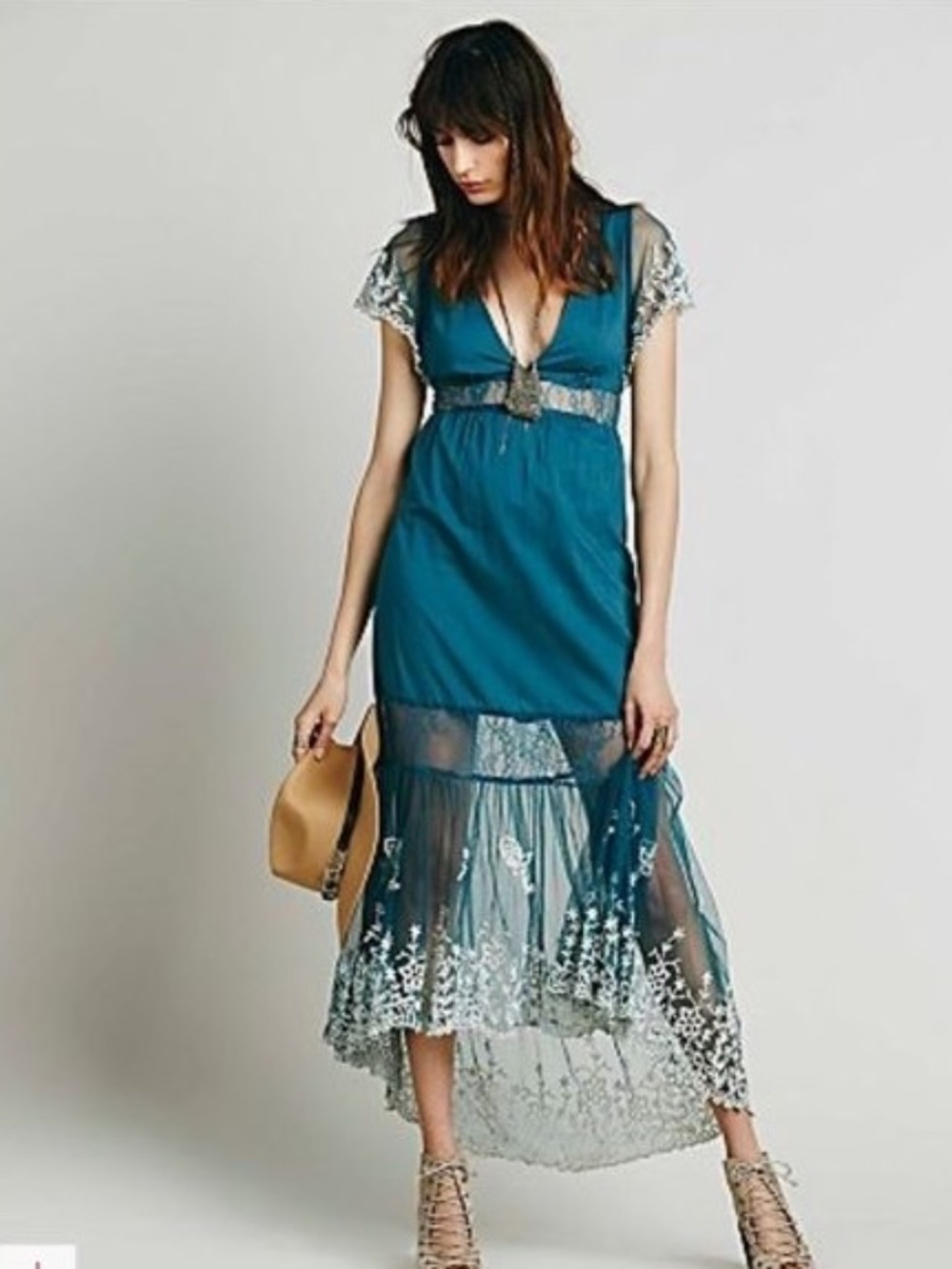 Gorgeous Rare Free People Embroidered Teal Lace Maxi High-Low Dress